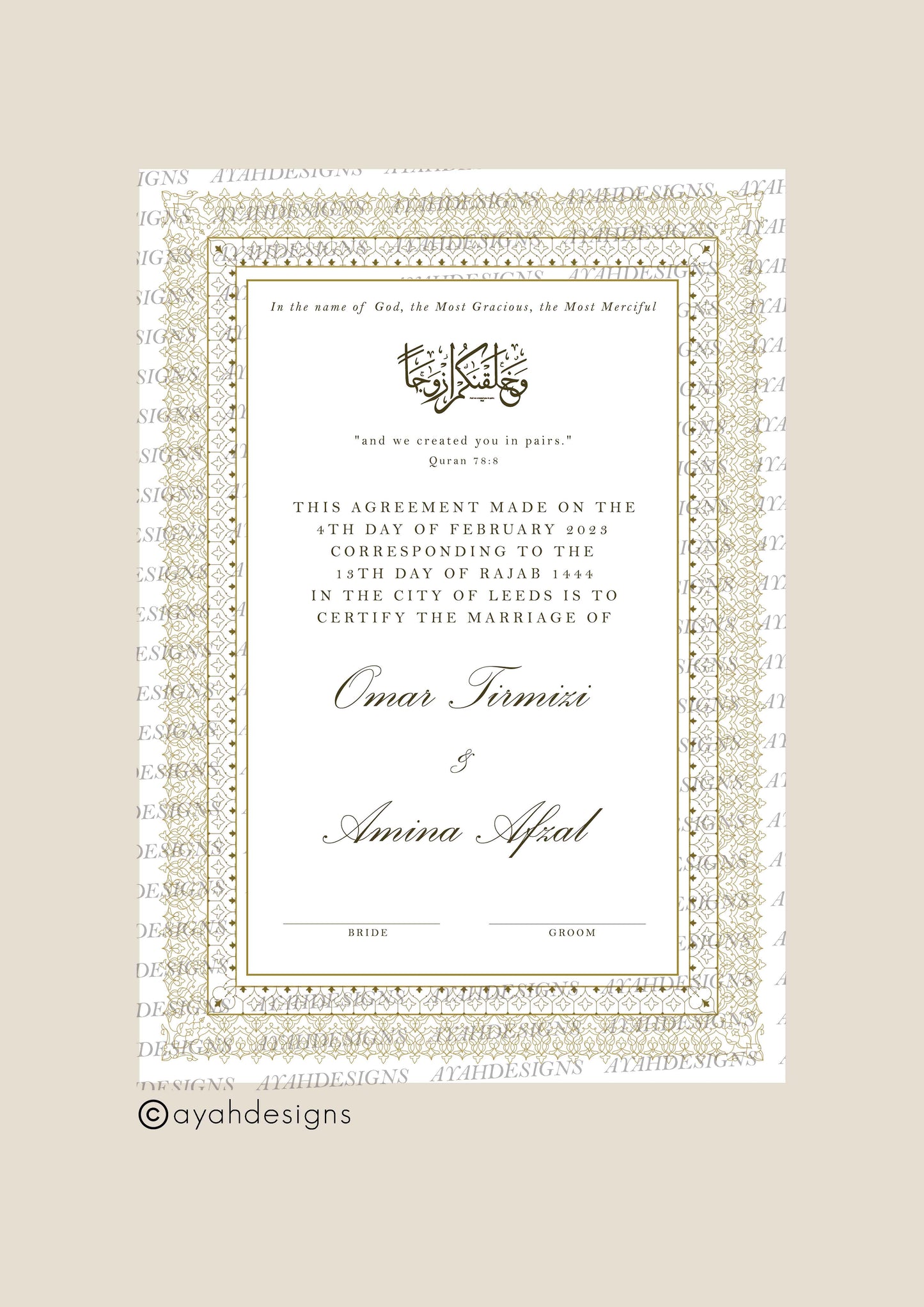 Personalised Luxury Nikkah Certificate - Baleeqh