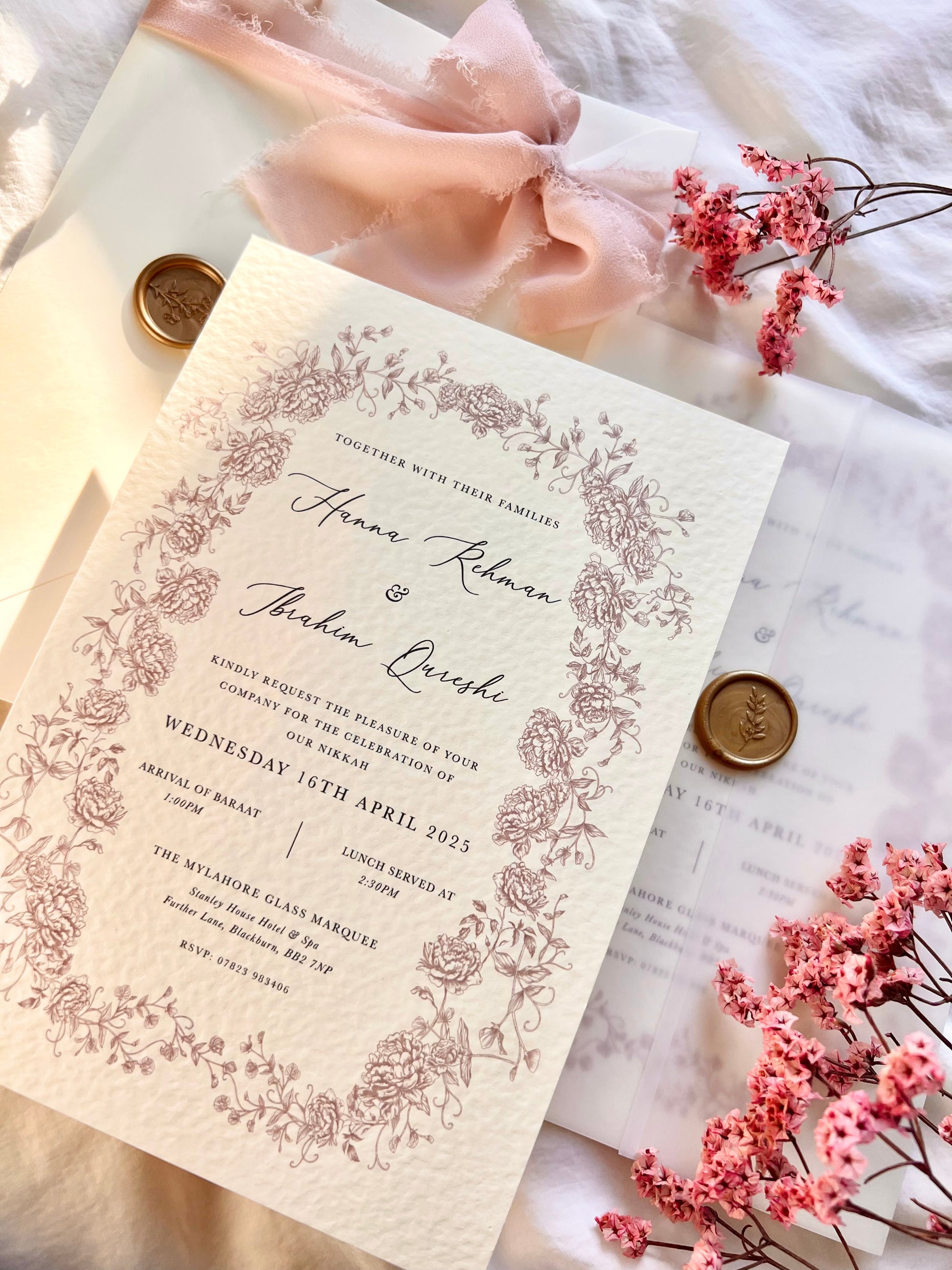 gold invite, gold calligraphy Islamic wedding invitation, floral Nikah invitation design, floral wedding invitation, personalised wedding invite, personalised wedding invitation, custom wedding, custom invitation, Walima invitation cards