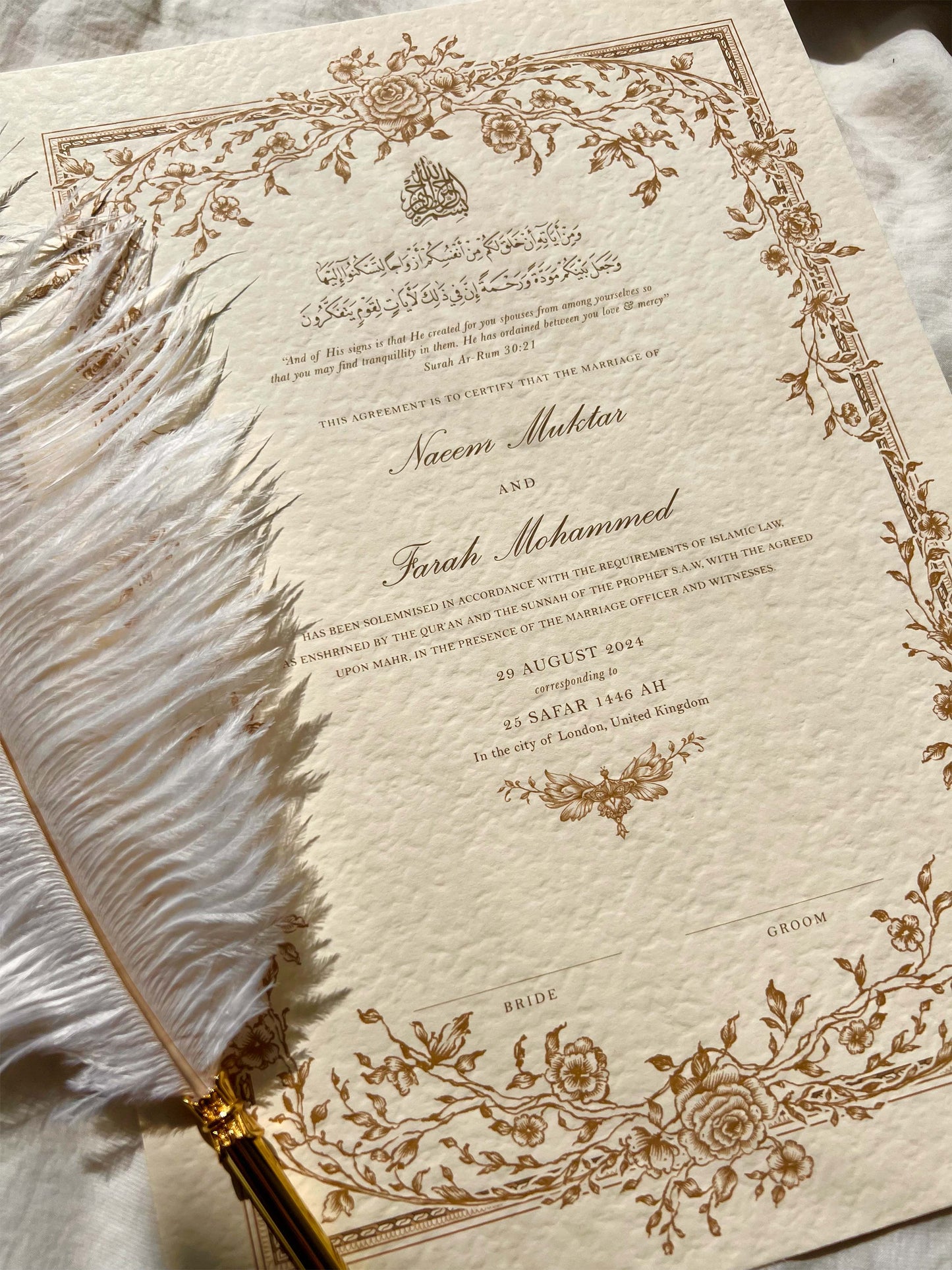 Personalised Luxury Nikkah Certificate - Mahek Gold